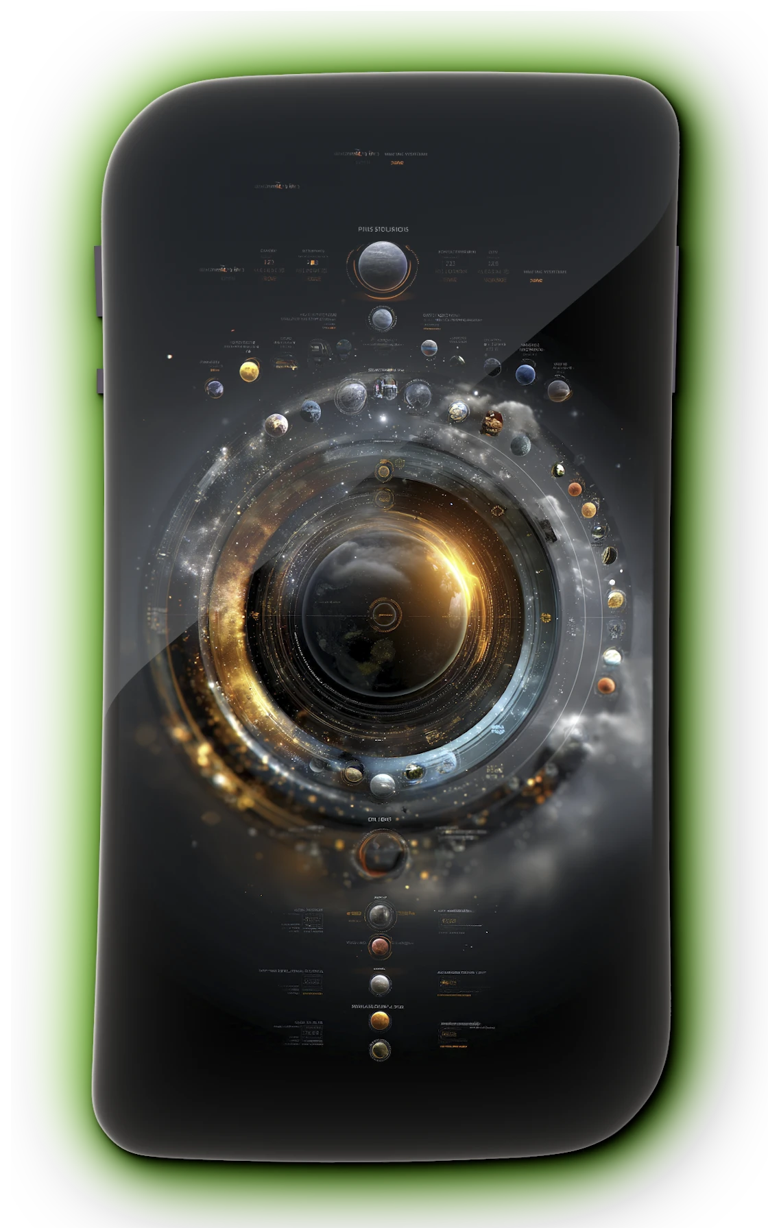 Minimalist smartphone device called Glyph fully powered on, dark matte black chassis, vibrant lime green (#32ff00) glowing screen with clean UI showing time and network status, bright green ambient glow around device edges, RISC-V branding illuminated in green, physical SIM slot visible, hardware kill-switch button green, professional product photography, dark background with green accent lighting, photorealistic, 8k, ultra detailed --ar 9:16 --v 6